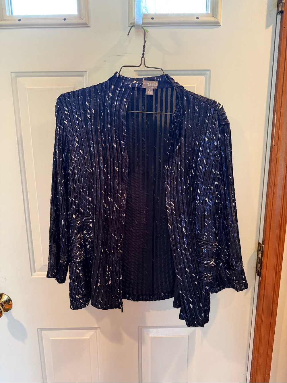 Chico's Navy Stripe Satin Open-Front Blazer